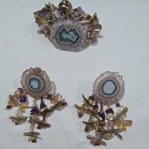Handcrafted Multicolor Agate Geode Bracelet and earrings with Amethyst, Citrine